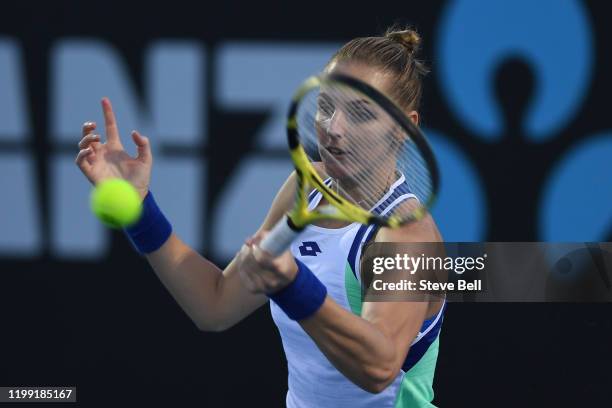 Kristyna Pliskova of Czech Republic plays a forehand against Nina Stojanovic of Serbia on day three of the 2020 Hobart International at Domain Tennis...