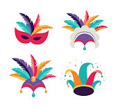 Carnival, party, Purim background. Masks, clown hat, dancer headdress