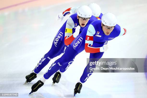 Sverre Lunde Pedersen, Hallgeir Engebraten, Kristian Ulekleiv and Havard Bokko compete in the Team Pursuit Men Final during the ISU European Speed...