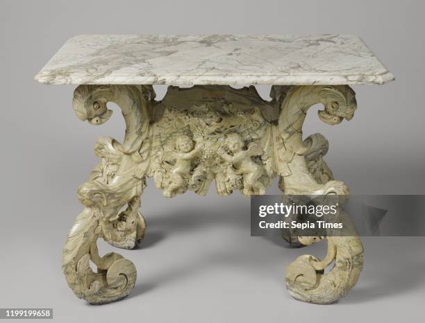 Console table Wall table made of gray marbled lime wood with marble top. Carved decoration with grape-picking putti, among others, on the front line,...