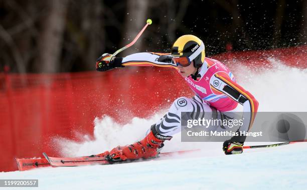 Max Geissler-Hauber of Germany competes in run 1 in Men's Giant Slalom in Alpine Skiing during day 4 of the Lausanne 2020 Winter Youth Olympics on...