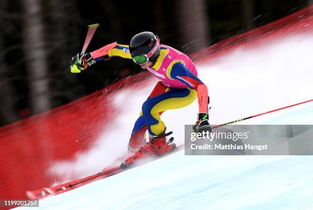 Andrei Tudor Stanescu of Roumania competes in run 1 in Men's Giant Slalom in Alpine Skiing during day 4 of the Lausanne 2020 Winter Youth Olympics on...