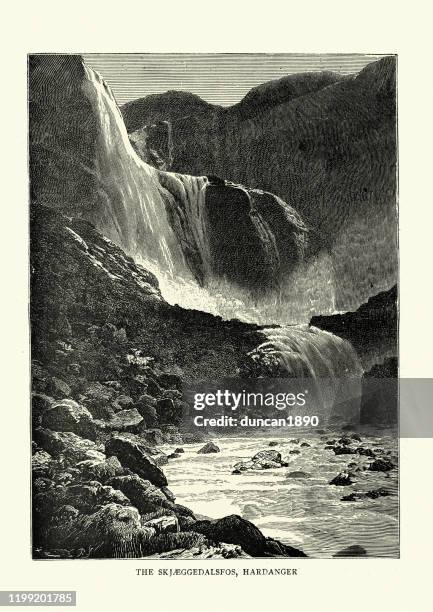 skjeggedalsfos, hardanger, norway, 19th century - scandinavian heritage park stock illustrations
