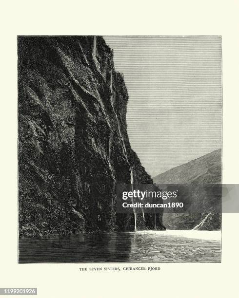 the seven sisiters, geiranger fjord, norway, 19th century - seven sisters waterfall stock illustrations
