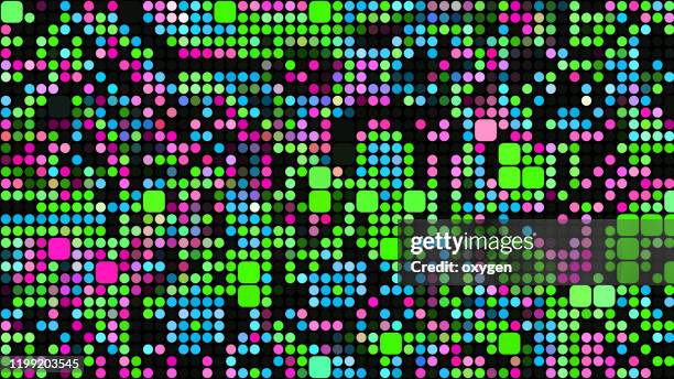 abstract digital square shape green purple pixel damage black background - video game background stock-fotos und bilder