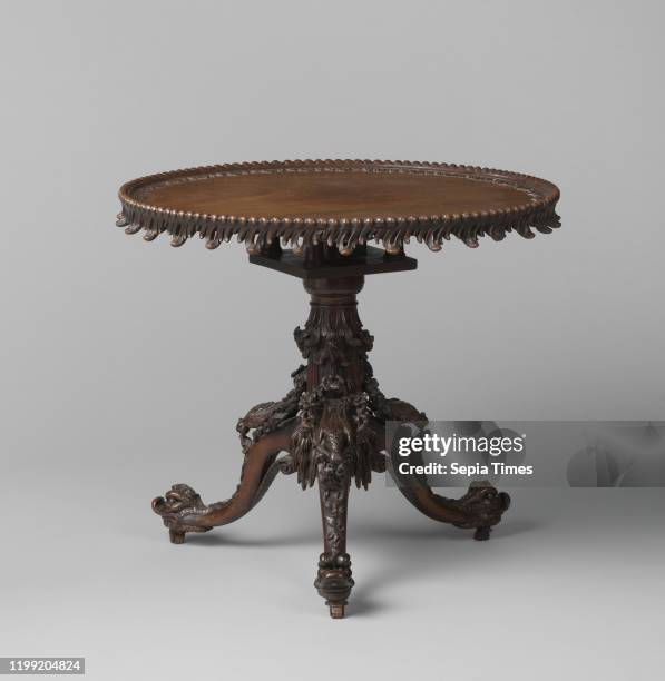 Table with folding top. Birds and dragon heads pecking at three legs, Round mahogany table, resting on a shaft that splits into three legs, ending in...