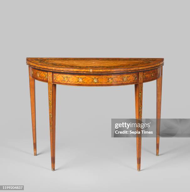 Semicircular card table, Two semicircular card tables with fold-out tops, resting on four conical, square-sectioned legs, the two hind legs of which...