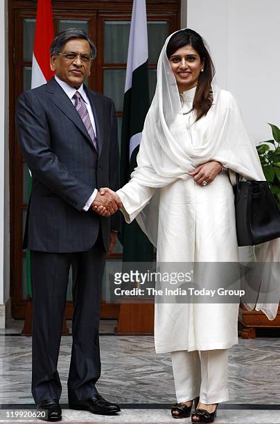 Pakistan Foreign minister Hina Rabbani Khar and External affair minister S.M. Krishna meet at the Hyderabad house in New Delhi.