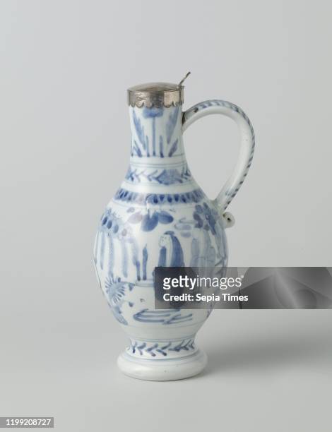 Ewer with figures in a continuous landscape, ornamental borders and tulip motif, Porcelain jug with slender, pear-shaped body, high foot and c-shaped...