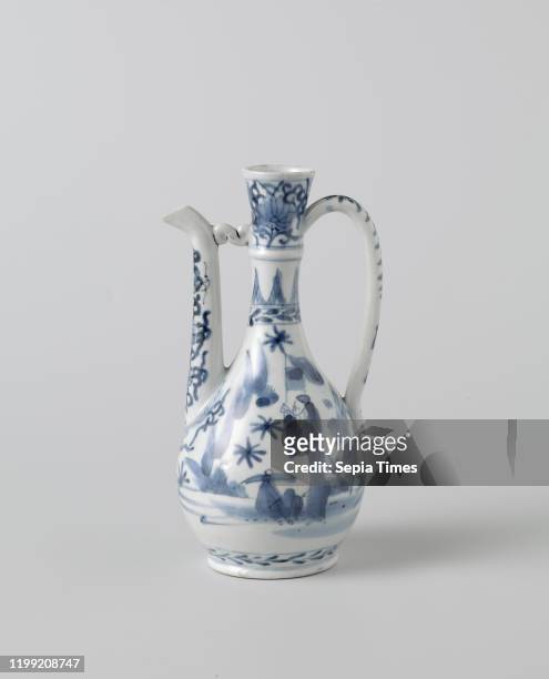 Ewer with figures in a landscape and floral scrolls, Porcelain jug with a pear-shaped body, c-shaped ear and curved spout at the top connected to the...