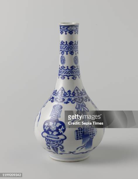 Pear-shaped bottle vase with auspicious objects, Bottle-shaped porcelain vase with pear-shaped body, painted in underglaze blue. Six lucky symbols on...