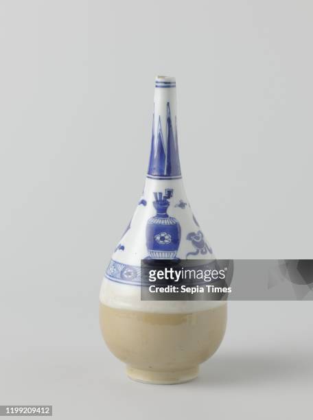 Bottle vase with light brown and precious object and antiquities, Pointed bottle of porcelain with pear shaped body, covered with a cafe-au-lait...
