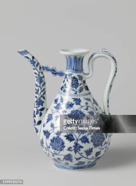Ewer with long curving spout, Pear-shaped ewer with flower scrolls, Pear-shaped jug made of porcelain, with a curved ear with a modeled curl on top...