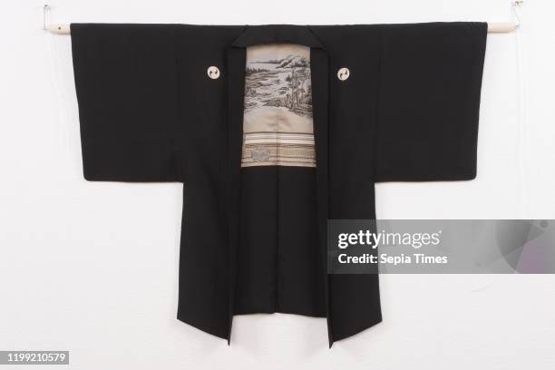 Men haori with tea pavilion, Haori for a man with a decoration on the lining of a rocky landscape with water and a hut imitating a fan painting,...