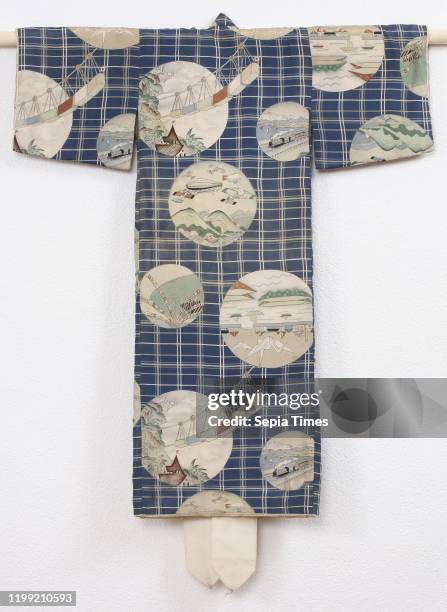 Boys miyamairi kimono with trains, air and shipping, Formal kimono for a boy for the first visit to a Shinto shrine , with against a background of a...
