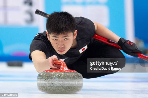 CHAMPErY, SWITZERLAND Asei Nakahara of Japan competes in the Mixed Team Round Robin Group D Session 10 in curling against Italy during day 4 of the...