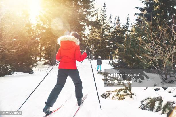 家庭在雪中滑雪徒步旅行 - 越野滑雪 個照片及圖片檔