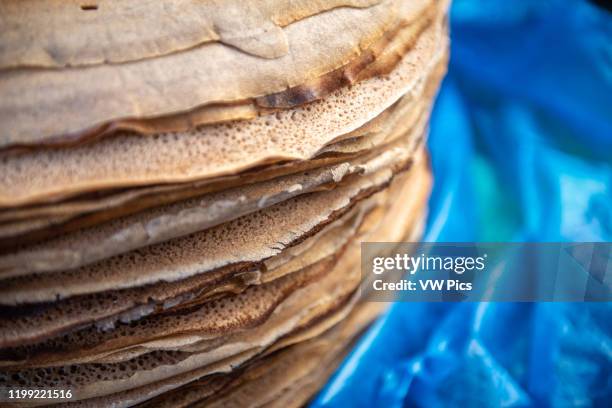 Close up of stack of Injera or Ethiopian flatbread, Debre Berhan, Ethiopia.