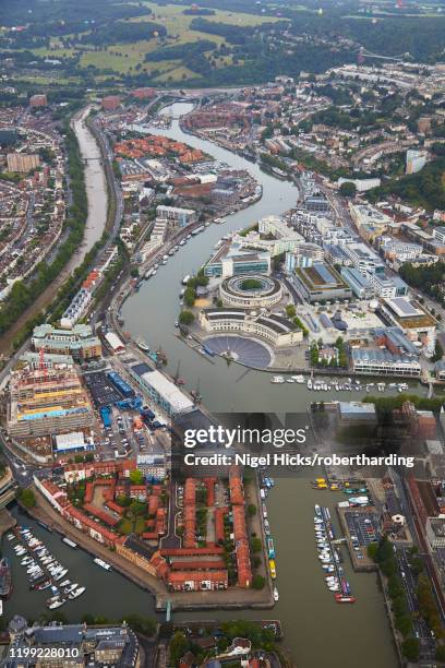 a view of the old bristol docks, no longer commercially active but a tourism attraction, seen from a hot-air balloon, bristol, england, united kingdom, europe - bristol stock pictures, royalty-free photos & images