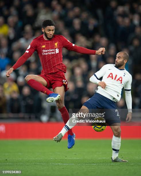 Lucas Moura of Tottenham Hotspur FC and Joe Gomez of Liverpool FC during the Premier League match between Tottenham Hotspur and Liverpool FC at...