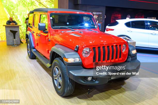 Jeep Wrangler 4x4 off road vehicle on display at Brussels Expo on January 9, 2020 in Brussels, Belgium.