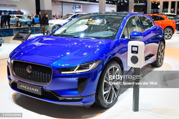 Jaguar I-Pace battery-electric crossover SUV on display at Brussels Expo on January 9, 2020 in Brussels, Belgium. The I-Pace is the first electric...