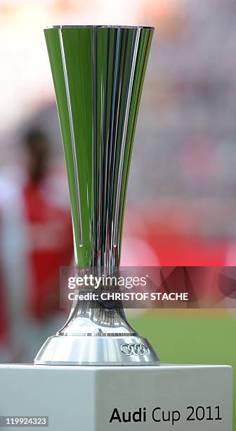 The Audi Cup trophy is pictured ahead of the Audi Cup football match FC Barcelona vs SC International de Porto Alegre in Munich, southern Germany, on...