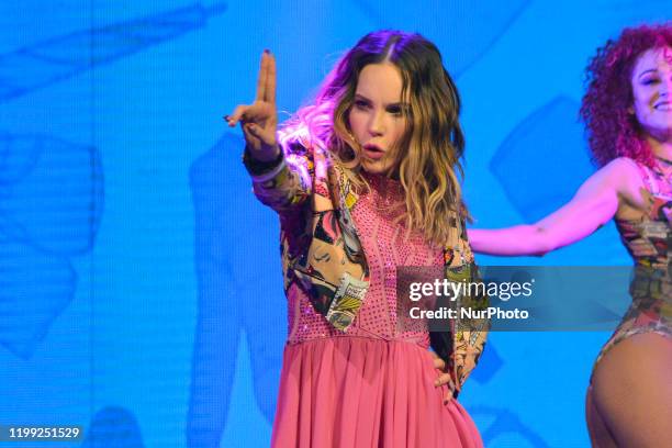 Singer Belinda Peregrin performs and sings on stage during the Musical Hoy no me Puedo Levantar at Cultural Center Theatre 2 on February 6, 2020 in...