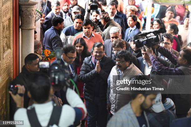 Delhi Chief Minister and Aam Adami party Convener Arvind Kejriwal offering prayers at a Hanuman temple on the eve of Delhi Assembly elections 2020,...