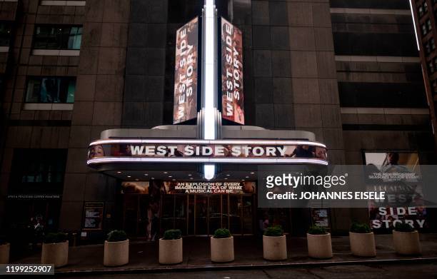 Poster outisde the Broadway Theater advertises West Side Story on February 7, 2020 in New York City. - Westside Story is returning to Broadway for...