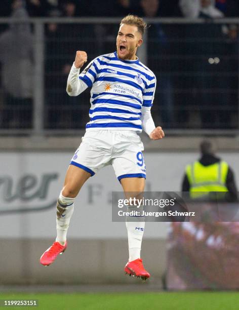 Ahmet Engin of Duisburg celebrates after scoring during the 3. Liga match between MSV Duisburg and Eintracht Braunschweig at...