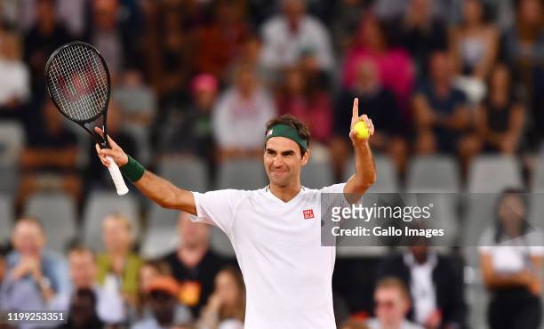 Roger Federer of Switzerland during the Match in Africa between Roger Federer and Rafael Nadal at Cape Town Stadium on February 07, 2020 in Cape...