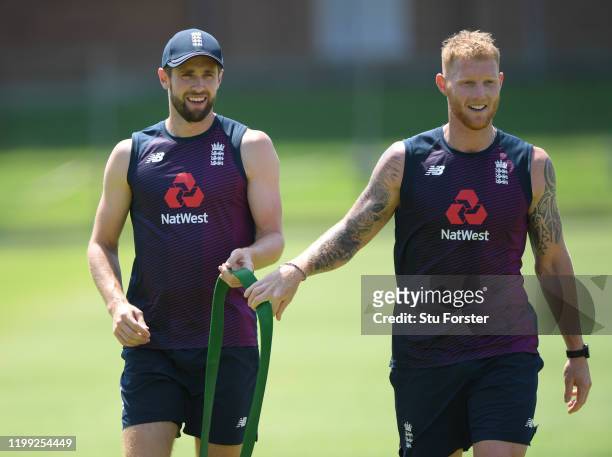 England players Chris Woakes and Ben Stokes during the warm up during England nets at St George's Park on January 13, 2020 in Port Elizabeth, South...
