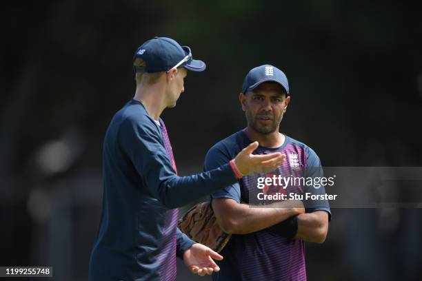 England captain Joe Root chats with spin bowling coach Jeetan Patel during England nets at St George's Park on January 13, 2020 in Port Elizabeth,...