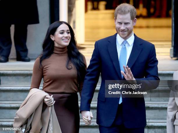 Prince Harry, Duke of Sussex and Meghan, Duchess of Sussex depart Canada House on January 07, 2020 in London, England.