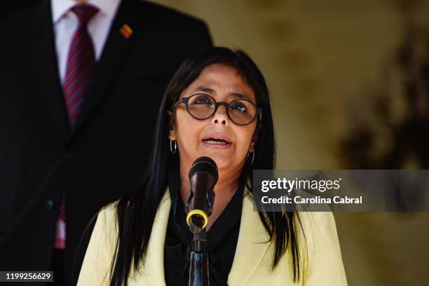 Vice President of Venezuela Delcy Rodriguez gives a speech during the visit of Minister of Foreign Affairs of the Russian Federation Serguéi Lavrov...