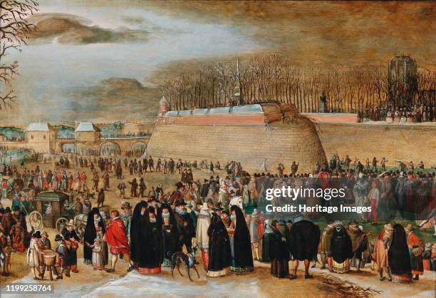 Winter landscape with a carnival scene near the Kipdorppoort Bastion in Antwerp. Private Collection. Artist Vrancx, Sebastiaen .