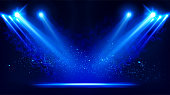Illuminated stage with scenic lights and smoke. Blue vector spotlight with smoke volume light effect on black background. Stadium cloudiness projector. Mist show room. Vector.