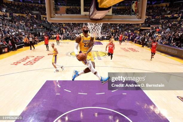 LeBron James of the Los Angeles Lakers dunks the ball against the Houston Rockets on February 6, 2020 at STAPLES Center in Los Angeles, California....
