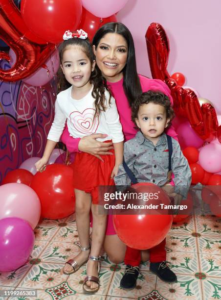 Ana Patricia Gamez poses with her children Giulietta and Gael during Amazon Celebra El Dia De San Valentin event at Chispa restaurant on February 7,...