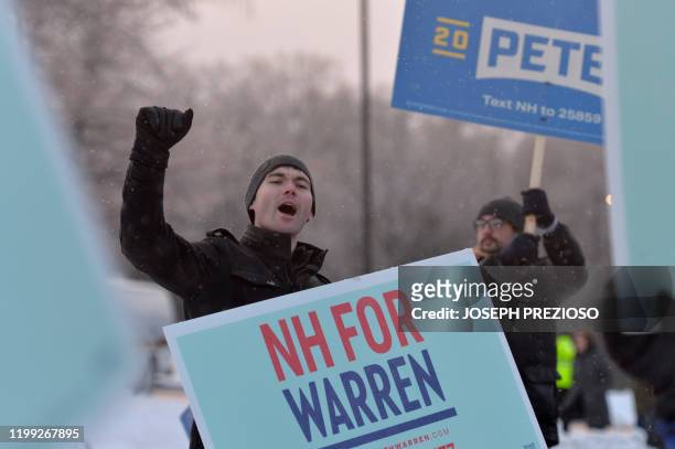 Supporters of US Presidential Candidate and Massachusetts Senator Elizabeth Warren cheer and rally outside of the Democratic Debate at St. Anselm...