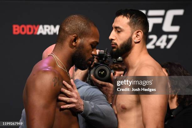 Jon Jones and Dominick Reyes face off during the UFC 247 ceremonial weigh-in at the Toyota Center on February 7, 2020 in Houston, Texas.