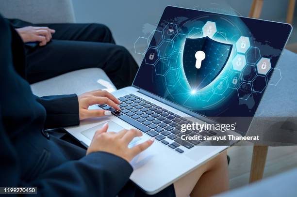 press enter button on the keyboard computer shield cyber key lock security system abstract technology world digital link cyber security on hi tech dark blue background, enter password to log in. lock finger keyboard - privacy policy stockfoto's en -beelden