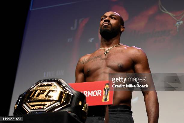 Jon Jones poses on the scale during the UFC 247 ceremonial weigh-in at the Toyota Center on February 7, 2020 in Houston, Texas.