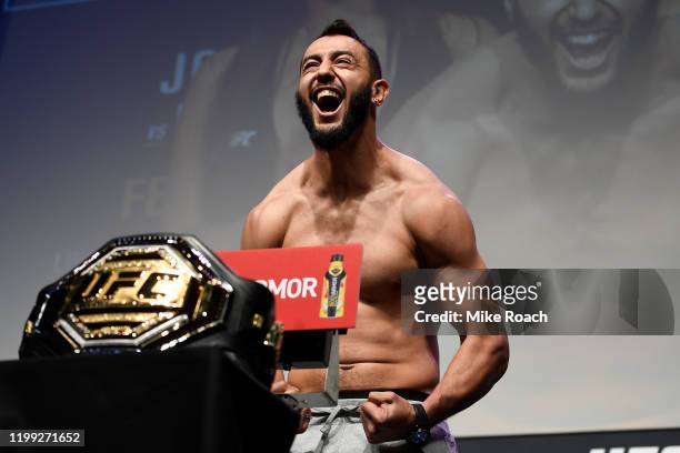 Dominick Reyes poses on the scale during the UFC 247 ceremonial weigh-in at the Toyota Center on February 7, 2020 in Houston, Texas.