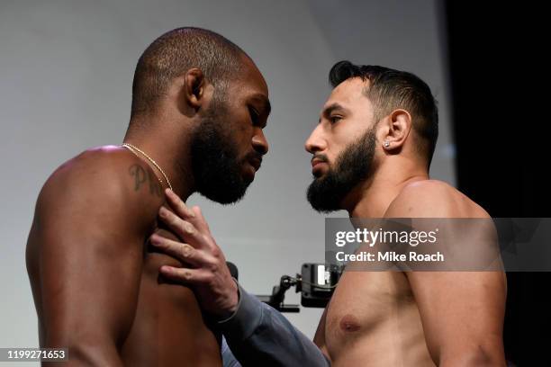 Jon Jones and Dominick Reyes face off during the UFC 247 ceremonial weigh-in at the Toyota Center on February 7, 2020 in Houston, Texas.