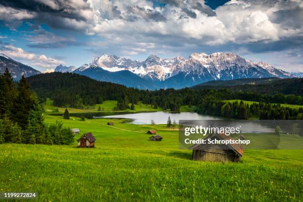 germany, bavaria, karwendel mountains with lake gerold - tracking shot - allgau stock pictures, royalty-free photos & images