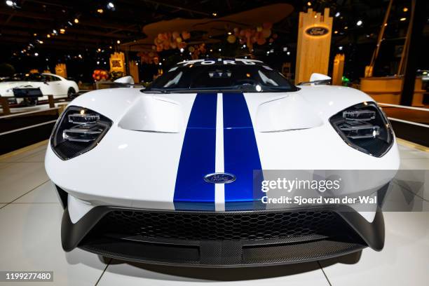 Ford GT sports car on display at Brussels Expo on January 8, 2020 in Brussels, Belgium. The Ford GT Supercar is fitted with a 3,5-liter EcoBoost...