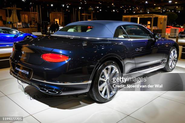Bentley Continental GT Convertible GTC V8 on display at Brussels Expo on January 8, 2020 in Brussels, Belgium. The Bentley Continental GT is...