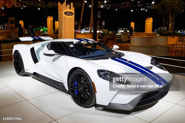 Ford GT sports car on display at Brussels Expo on January 8, 2020 in Brussels, Belgium. The Ford GT Supercar is fitted with a 3,5-liter EcoBoost...